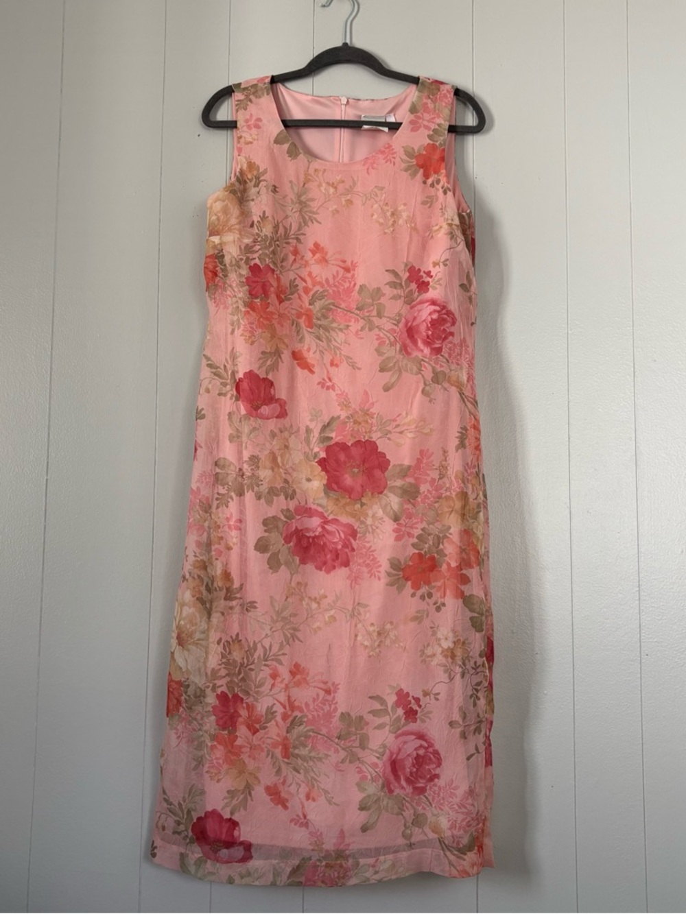 Vintage Pink Floral Midi Dress Sleeveless Sheer Overlay Cottagecore Romantic
